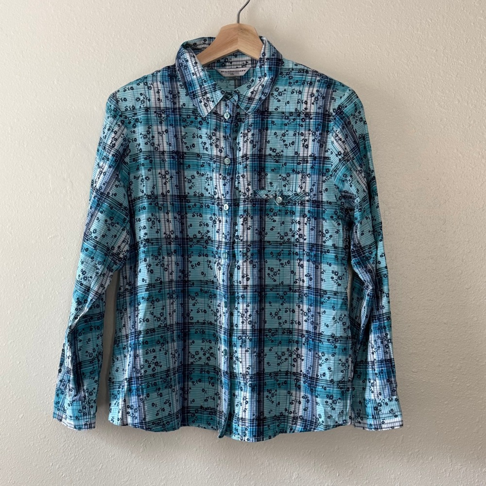 Allison Daley Petite Teal Blue Plaid Floral Embroidered Roll Tab Shirt 10P